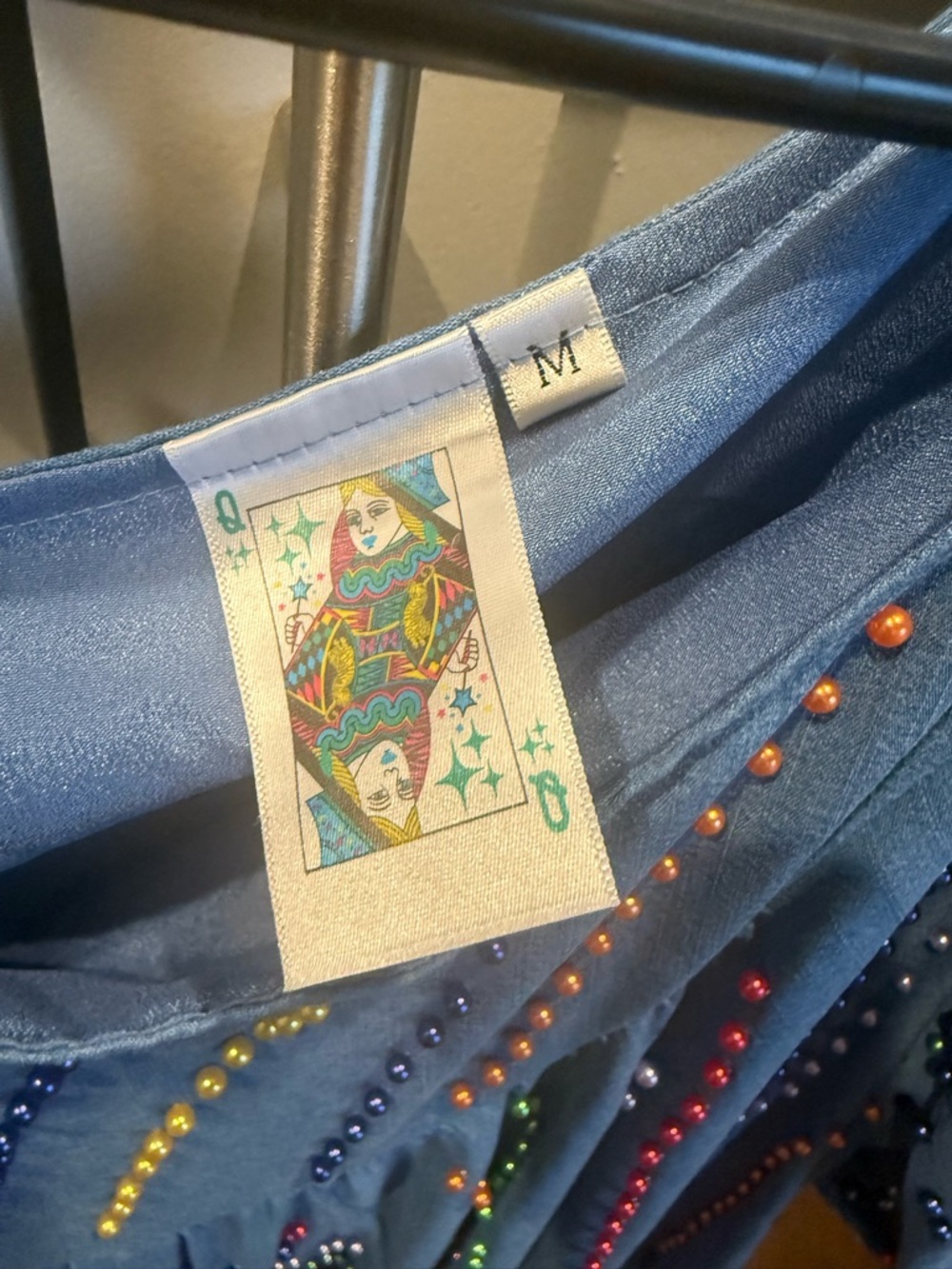 QUEEN OF SPARKLES Blue Asymmetrical Dress with Multicolor Beaded Accents - Picture 3 of 3